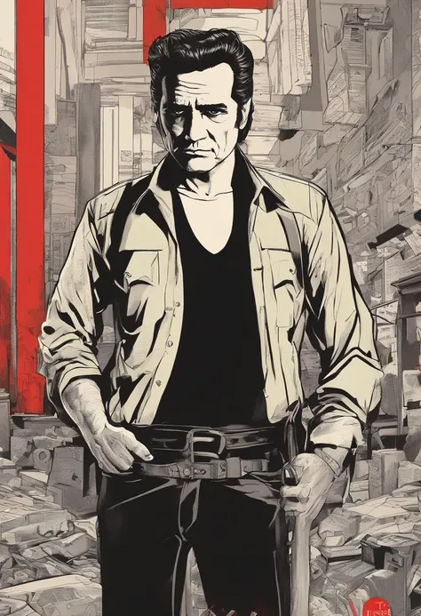 Johnny Cash, wearing a black t-shirt, short sleeve, stands in front of a graphitti art enviroment. His hands are casually tucked into his pockets as he stares directly into the camera, his intense gaze capturing the attention of all who see it. The red lig...