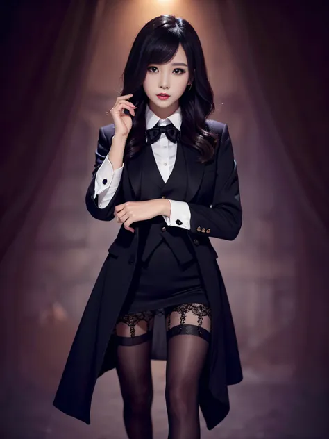 Charming beauties、black pantyhose、Suit jacket、Black tight skirt、beauty legs、Dyed in darkness、lacy fabric、Brainwashing makeup