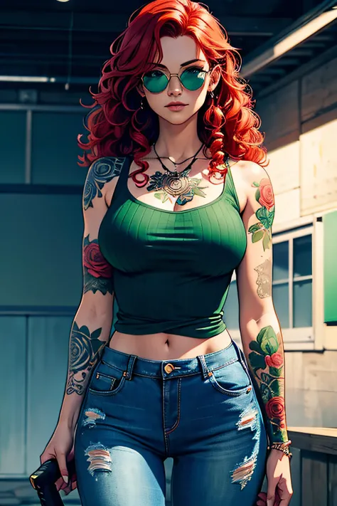 red head girl with curly hair and tattoos of roses in shoulders and forearms, wearing blue top and jeans, sunglasses, carrying a...