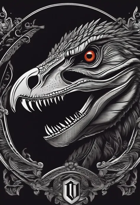 Create a captivating Velociraptor skull logo, featuring intricate details and a fierce expression, presented in a modern and sleek design style. The logo should exude a sense of power and mystique, with sharp lines and bold shapes, set against a dark, dram...