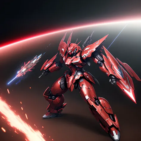 Gunpla in real, robot, HD, sinanju, dark red-white theme, epic scene, background is space, in fighting moment, high quality detailed, mechanical, best post, balanced proportion, metallic, have metallic wing,