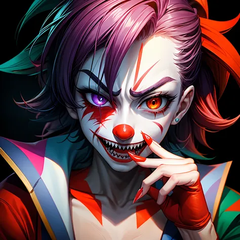 Male mad crazy gaze clown joker face scars and burns sharp teeth, nose touching bleed finger claws , red nose bubble