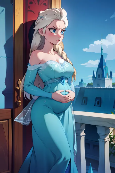 elsa with an angry expression, pregnant,blue dress, on a balcony