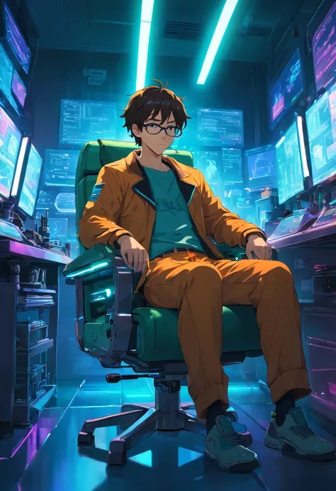 .RAW, wide angle, A man in a dark lab sitting in a chair from the future wears glasses., Pele negra avermelhada, laboratory, hardware, Ambiente Luminoso, neon light, ((cyberpunk))