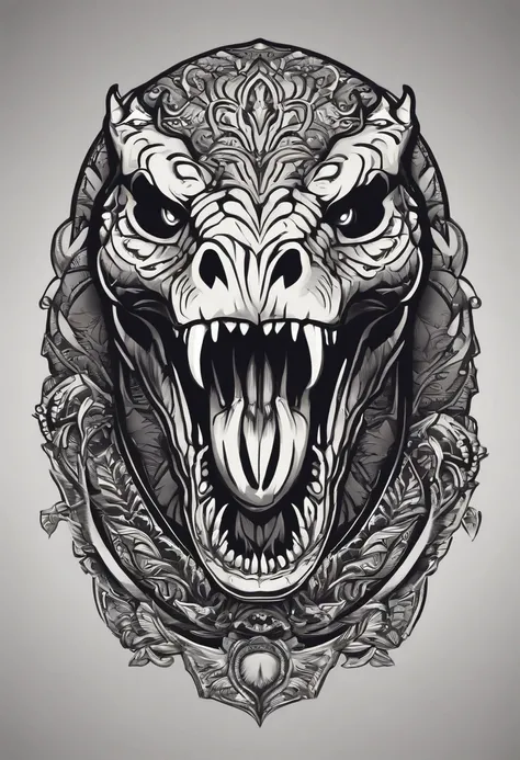 Create a captivating t-rex skull logo, featuring intricate details and a fierce expression, presented in a modern and sleek design style. The logo should exude a sense of power and mystique, with sharp lines and bold shapes, set against a dark, dramatic ba...