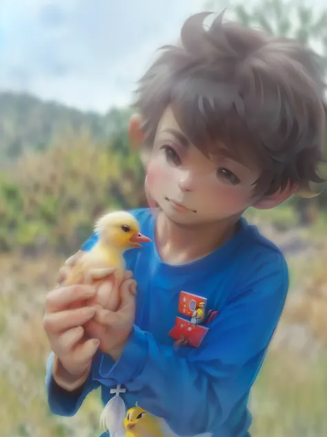 arafed boy holding a small yellow bird in his hands, segurando um pato branco, super cute and friendly, com pintinhos, menino bo...