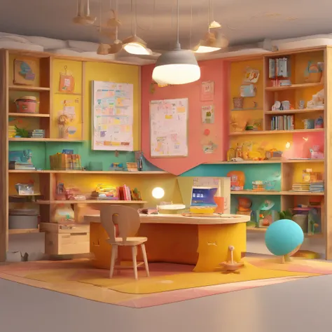 Crie um cartaz inspirado na Disney Pixar com o personagem sendo uma mulher de cabelos pretos longos usando roupa neutra, Smiling and soft expression. esta no atelie com uma mesa com notbook e impressora, canetas e cadernos sobe a mesa. ao fundo um pegboard...