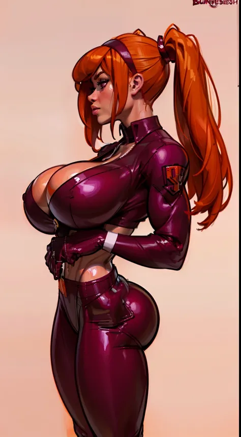 ((masterpiece)),(((best quality))), ((character design sheet:1.4)), ((face profile:1.4)) illustration,1girl, muscular, ((burgundy business suit:1.4)), blossom, (red hairband), ((orange hair:1.4)), burgundy suit ((detailed face:1.4)) ((gigantic breasts:1.3)...