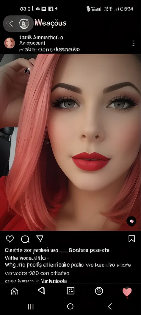 um close up de uma mulher com cabelo rosa e batom vermelho, pink lips, thick red lips, red lips, light-red lips, sexy red lips, small and thick red lips, Big Red Lips, cabelos vermelhos carmesim e olhos vermelhos, Batom vermelho no rosto, peruca vermelha, ...