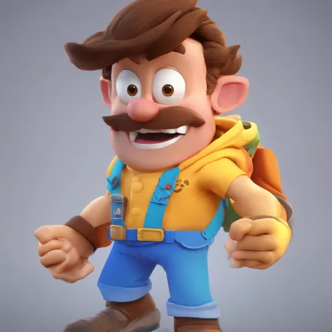 Criar um personagem no estilo Pixar. Trata-se de um homem de 30 anos, com barba, Branco, com cabelos castanhos curtos e um quiff, e olhos castanhos. Ele deve estar na frente de um computador, Trabalhar como designer