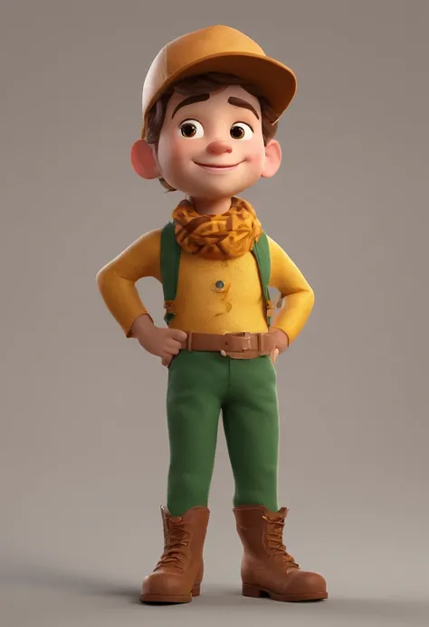 personagem de desenho animado, menino, usando camisa marrom claro, com bolsos, wearing yellow scarf around his neck, wearing green pants, cara de peralta, Dark green cap, personagem 3d, 3D-rendering, personagem de desenho animado, personagem de up, estilo ...