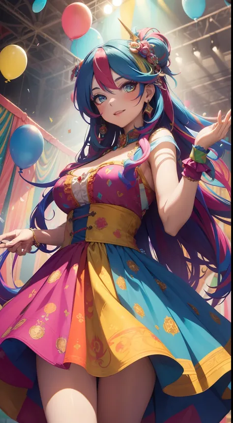 (best quality,highres,masterpiece:1.2),vibrant and colorful,portrait of a beautiful woman,jester makeup,long flowing multicolored hair,detailed,expressive eyes,wearing a ruffled and patterned dress,holding a colorful mask,playful expression,standing in a v...