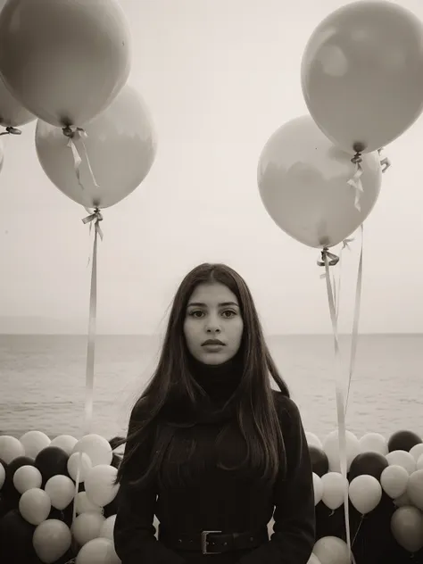 epicsepia, fashion portrait photo of beautiful young woman from the 60s wearing a red turtleneck standing in the middle of a ton...