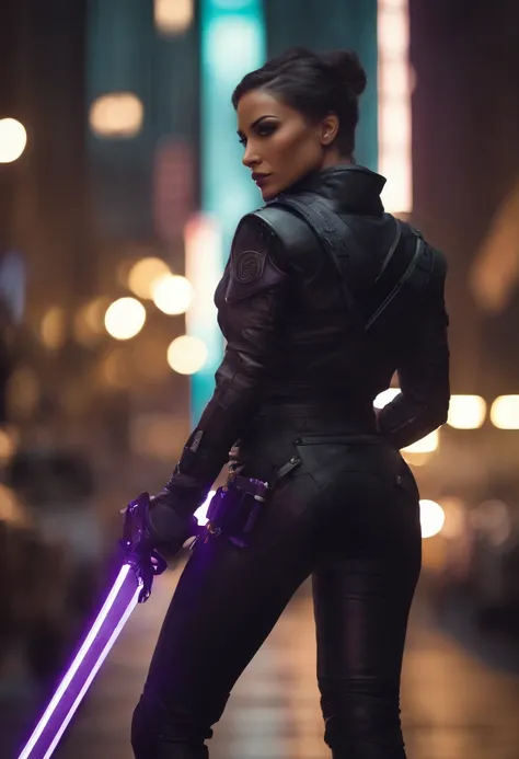 Beautiful woman, Anti-hero wearing black and purple uniform, laser katana sword in hand, pele branca, cabelos pretos longos, retrato, Jeff Pontes, ((estilo dos desenhos animados)), Marvel Cinematic Universe style, (((cidade cyberpunk ao fundo))), bokeh sua...