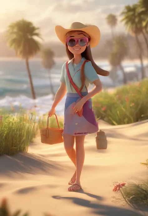 Estilo Pixar: Mulher usando espadrille shoes andando na orla da praia,3D Poster,Disney