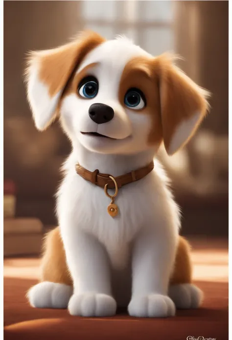 Disney Pixar movie animated poster of a cute silky haired white and caramel little german sptiz with big black eyes and a black nose,