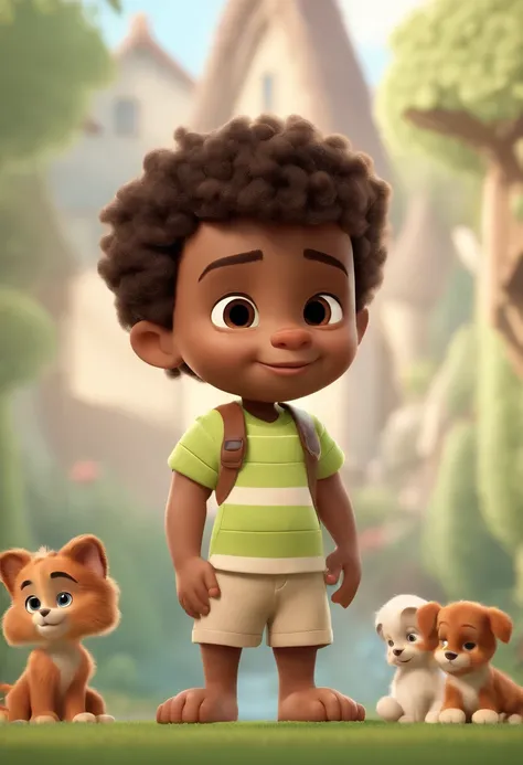 A Disney-Pixar style 3D movie poster cartoon character of a 2 month old boy, dark skinned, short curly brown hair, bright brown eyes, wearing a white dress shirt with two vertical light green stripes on each side of the chest and light green shorts. Charmi...