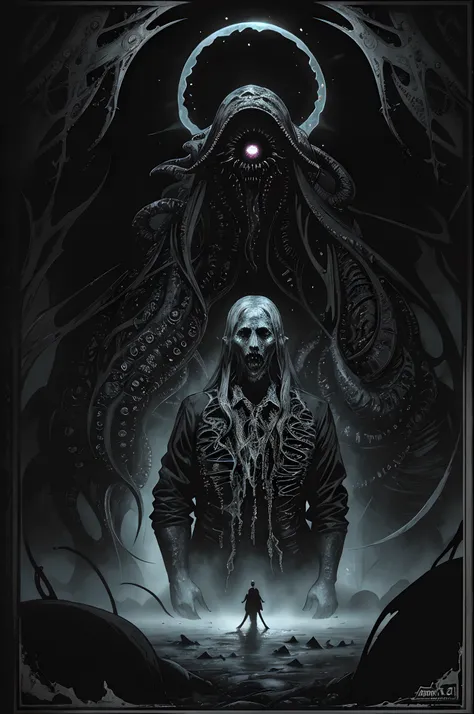 poster art, explore the lovecraftian horror genre with an illustration that conveys the otherworldly and cosmic dread often asso...