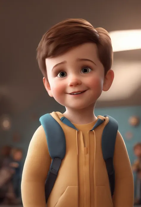 a happy cute kid standing short hair, vestindo uma fantasia espacial, , fundo branco, barnet, Tom, Estilo Pixar, ....3d, desenhos animados, rosto detalhado, asymmetrical 16k