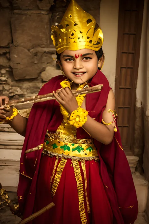 arafed child dressed in a costume holding a stick, in a fancy dress, in costume, from ramayan, wearing a fancy dress, posing as a queen, inspired by Kailash Chandra Meher, wearing traditional garb, young prince, indian god, recital, young girl playing flut...