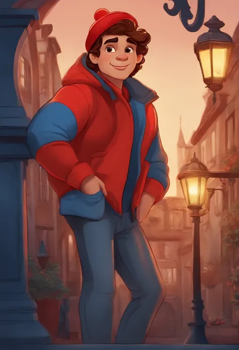 Cartoon illustration inspired by Disney: Em um bar iluminado pela luz suave da noite, em cenario distante um homem jovem moreno e magro e de cabelos raspados e olhos castanhos, wearing a red cap on his head and wearing a blue Puffer jacket. ilustrado com a...