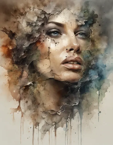 Watercolor painting of beautiful female face with broken head and broken glass on face, An Expression of Loneliness, Treagety, Silent and depressed,Explosive warhead, Machine Details, Built-in face, Volatile, inspired by Igor Morski, Dramatic art, photoman...