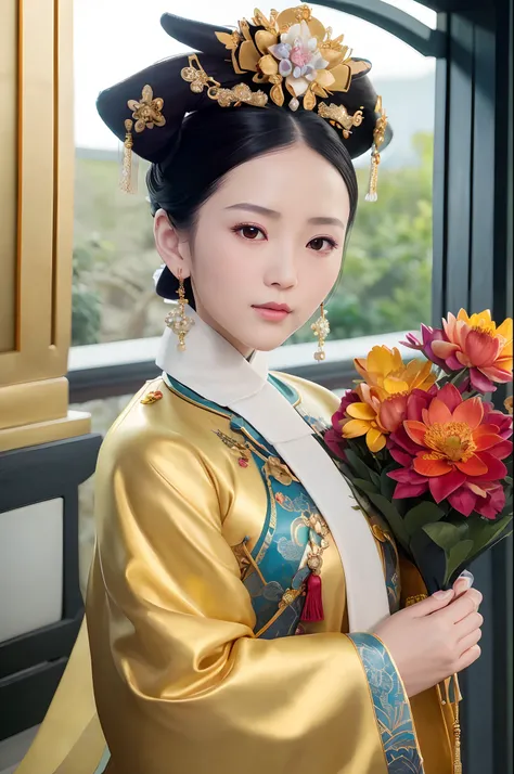 a close up of a woman holding a bouquet of flowers, jingna zhang, beautiful oriental woman, flowers and gold, woman in flowers, fine art fashion magazine style, chinese woman, chinese girl, inspired by Jin Nong, chinese style, by Ni Zan, inspired by Xie Su...