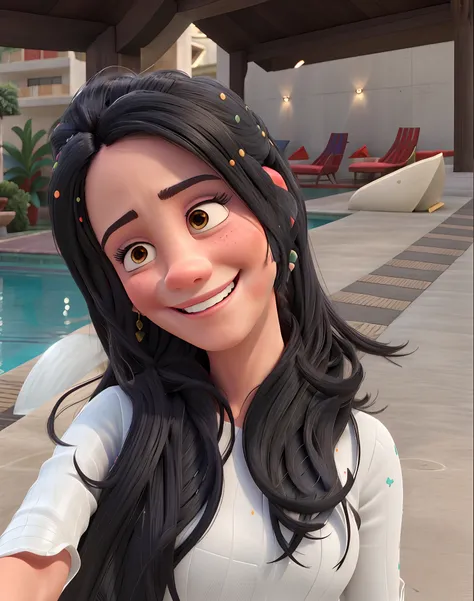 Smiling woman with long black hair in white dress standing in front of a swimming pool, bonito e sorridente, Malika Favre, fernanda suarez, Alanis Guillen, Valentina Embaralhamento, lovely smile, Directed by: Nandor Soldier, mulher nova com cabelo escuro l...