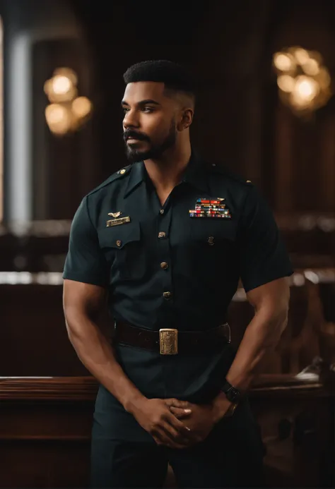 um homem, em breve, e bigode e cavanhaque ralo, cabelo estilo militar com uma litras do lado esquerdo, cabelo grisalho, mais para o preto , olhos castanhos, com fones de ouvido azuis, um pulpito de uma igreja ao fundo, com a parede preta, Imagem no estilo ...