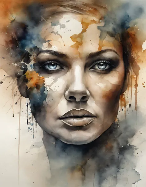 Watercolor painting of beautiful female face with broken head and broken glass on face, An Expression of Loneliness, Treagety, Silent and depressed,Explosive warhead, Machine Details, Built-in face, Volatile, inspired by Igor Morski, Dramatic art, photoman...