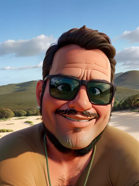 Homem de 40 anos, brasileiro, Sitting on a dune in Lençóis Maranhenses, in the background with green dense forest landscape and blue sky.