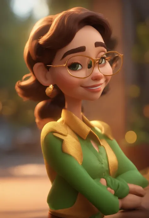 Cartoon character of a woman with golden kitten glasses and a green shirt, animation character, Caractere estilizado, animation style rendering, 3D estilizado, Arnold Maya render, 3 d render stylized, toon render keyshot, Personagem 3D, Personagem 3D, 3d r...