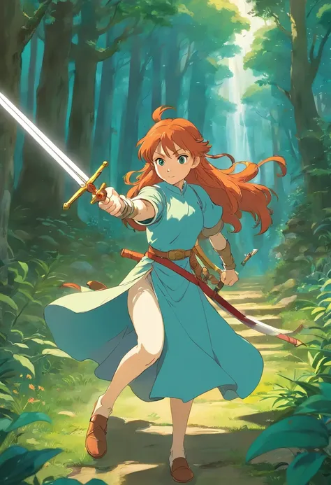 A ginger warrior princess pointing with a sword