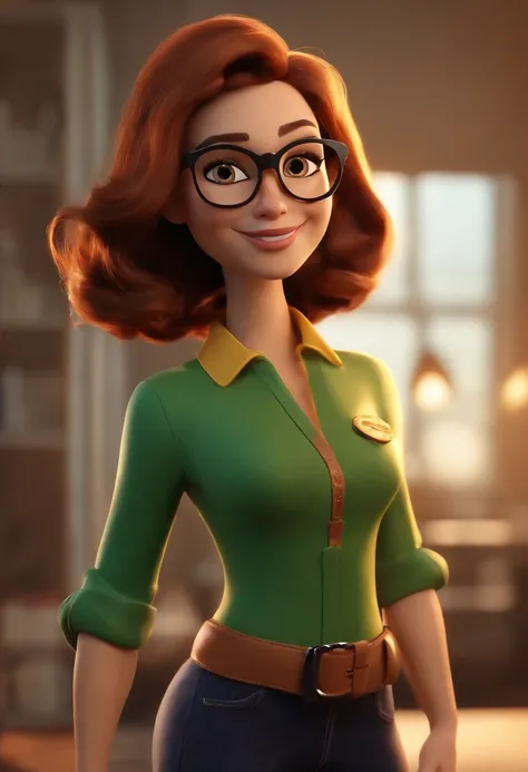 Personagem dos desenhos animados de uma mulher, cabelos longos, liso e castanho, with golden kitten glasses and a green shirt, animation character, Caractere estilizado, animation style rendering, 3D estilizado, Arnold Maya render, 3 d render stylized, too...