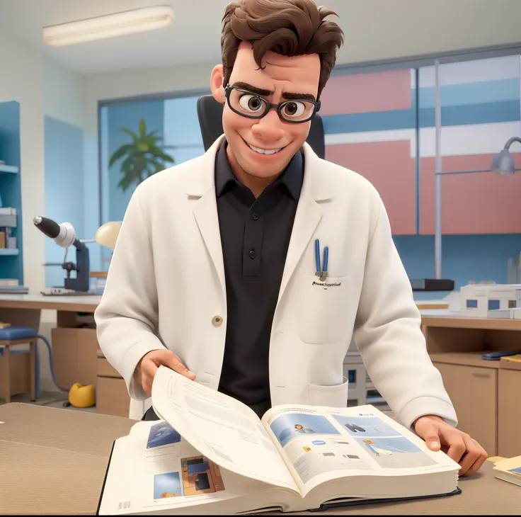 Menino no estilo Disney pixar, de jaleco, Reading an orthopedics textbook on a lab bench, melhor qualidade