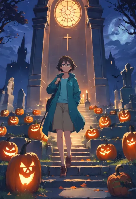 Halloween background with spooky candles of pumpkins in the cemetery at night with a castle background. Inspirado na disney/Pixar. Um homem, Its tall and skinny, 25 anos, moreno, tem olhos castanhos, with silver glasses, ele tem sinais no rosto, sem braba,...