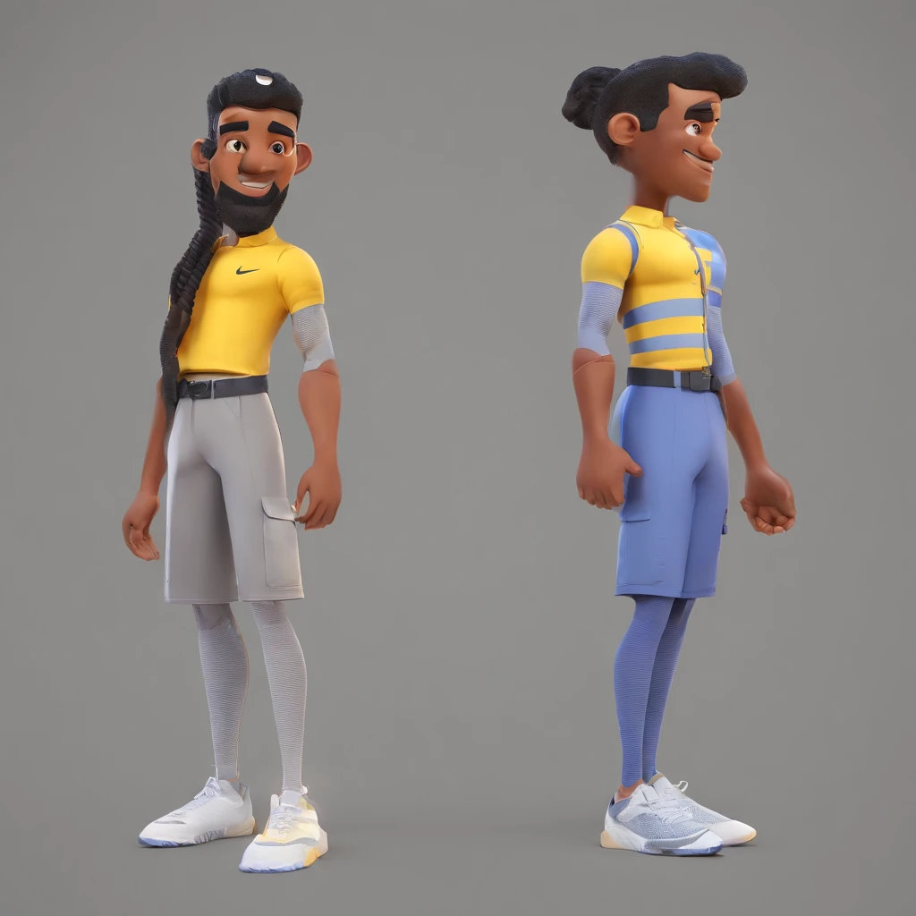 Criar um personagem estilo pixar, rapaz com cabelo curto ondulado/liso, barba, olhos grandes, corpo asthetic, tshirt preta da Nike, Grey shorts, sapatilhas brancas da nike, tatuagem na perna direita de um lobo e uma india