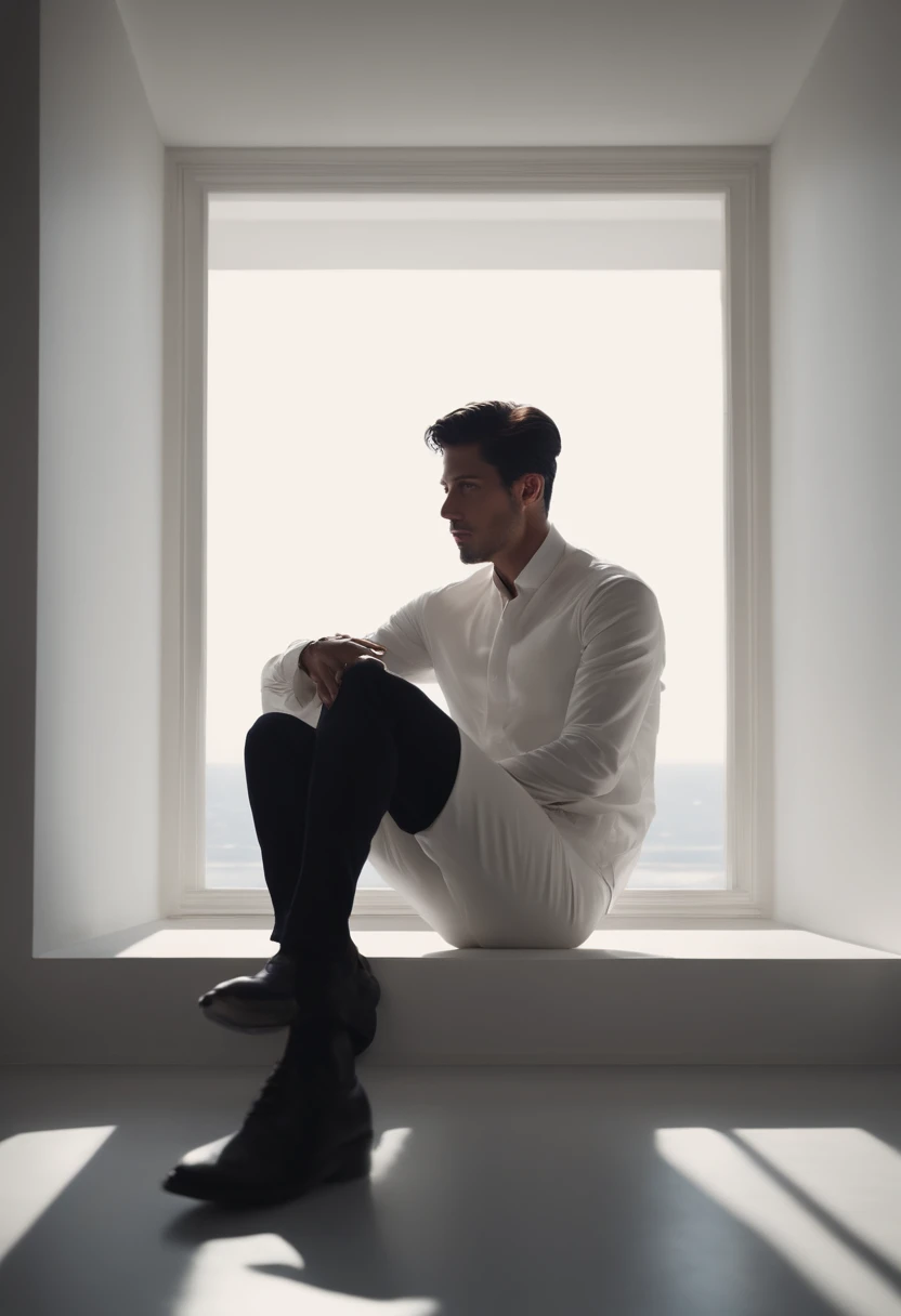 (best quality,4k,highres,masterpiece:1.2), ultra-detailed, realistic:1.37, a long and black-haired man with white clothes sitting in the corner of a blank room. melancholic look, detailed eyes, detailed lips, white clothes flowing, subtle shadows, atmosphe...