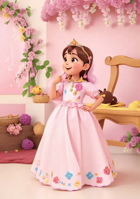 A 1-year-old brunette child ,cabelos curtos, com tiara de borboleta cor de rosa, sorrindo, com o dedinho na boca, estilo disney pixar, alta qualidade, melhor qualidade