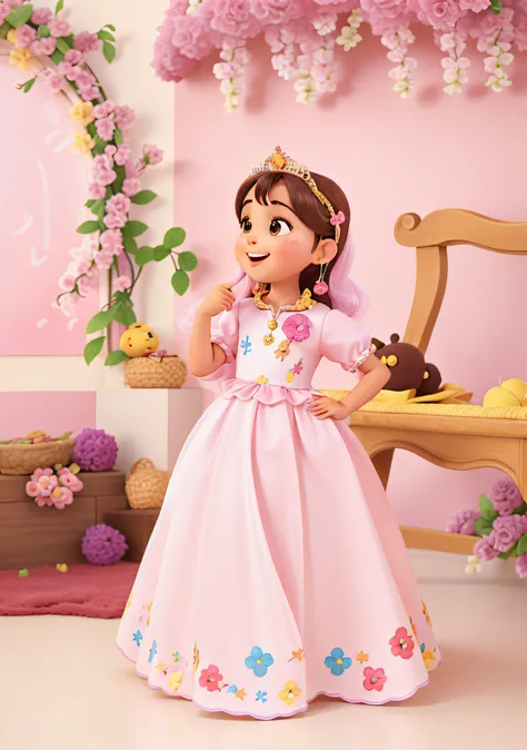 A 1-year-old brunette child ,cabelos curtos, com tiara de borboleta cor de rosa, sorrindo, com o dedinho na boca, estilo disney pixar, alta qualidade, melhor qualidade