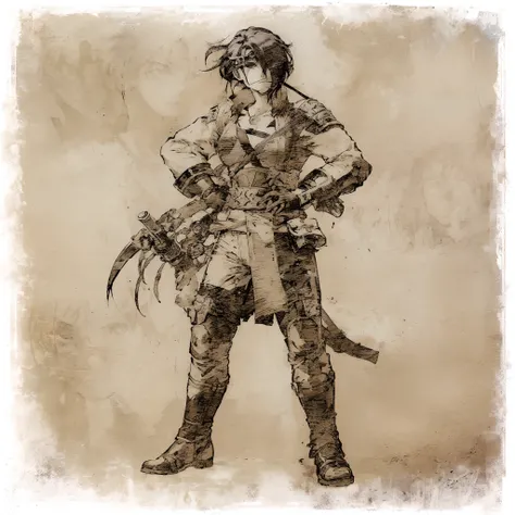 a drawing of a woman in a military uniform holding a knife, final fantasy tactics character, revy from black lagoon, shigenori soejima illustration, ( ( character concept art ) ), rpg portrait full body, ninja scroll anime style, akira from chinese mytholo...