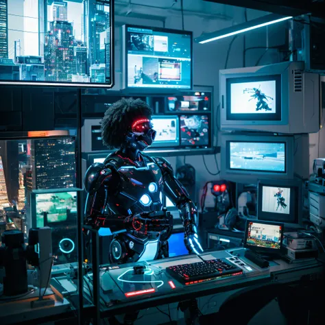 A black man finds himself immersed in his room, surrounded by a technological world while using a modern computer. Through the window, robots with a futuristic design roam an urban landscape, performing different tasks. His expression reveals a mix of fasc...