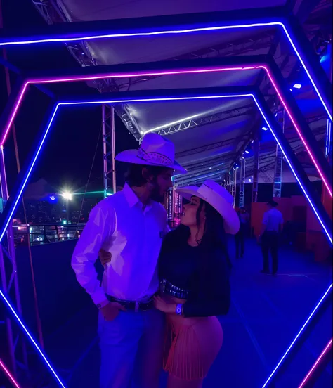 Theyre standing on a hexagon with neon lights, no futuro telhado de luz neon, neon lights in background, neon lights in background, com luzes neon, Tema Cowboy, at night with neon lights, with neon signs, neon signs in background, 🐎🍑, lined with neon tube ...