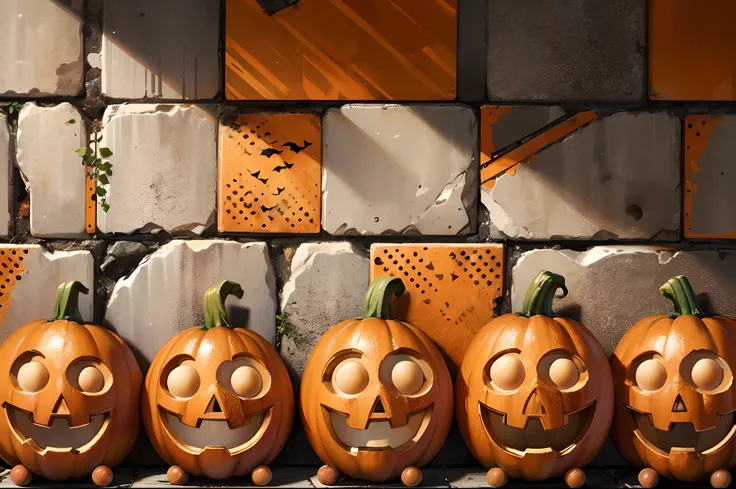 photo of a few pumpkins arranged on a stone wall for Halloween, lit by candles, with a mans bald head peeking through the middle of the wall on the other side, (a bald European with a clean shave at 40 years old) - a hilarious image --auto --s2