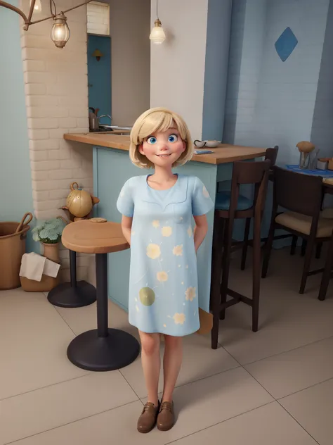 Obra-prima, de melhor qualidade, Blonde girl with short hair and bangs, big light blue eyes. Disney Pixar movies