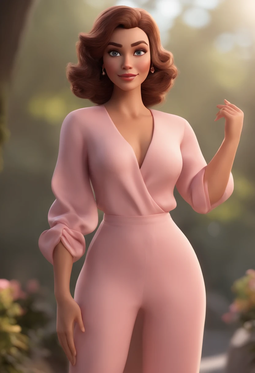 personagem dos desenhos animados de uma mulher branca com cabelo castanho liso e longo e um jaleco rosa claro, usando luvas pink e segurando uma seringa, animation character, Caractere estilizado, animation style rendering, 3D estilizado, 3 d render styliz...