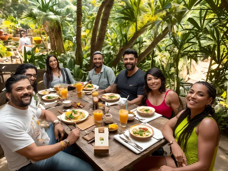 several people sitting at a table with plates of food and drinks, breakfast at las pozas, group sit at table, Fotografia tirada em 2 0 2 0, divertindo-se, foto de grupo, people outside eating meals, tiradas em 2022, 2023, 2 0 2 3, belos arredores, tomada e...