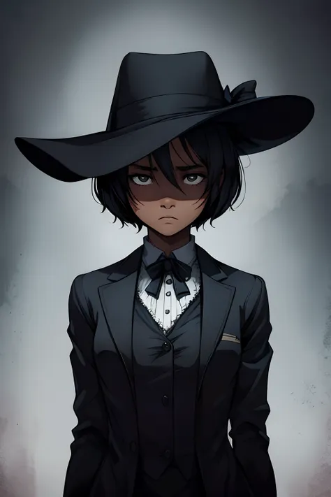 (black) girl, blank eyes, dominant demeanor, wearing detective clothes, petite, small chest, high quality, highly detailed, horr...