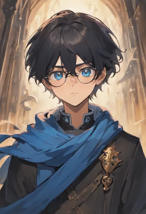 a medieval boy with wavy black hair, blue eyes, wearing glasses and a blue scarf, with a crow on his shoulder