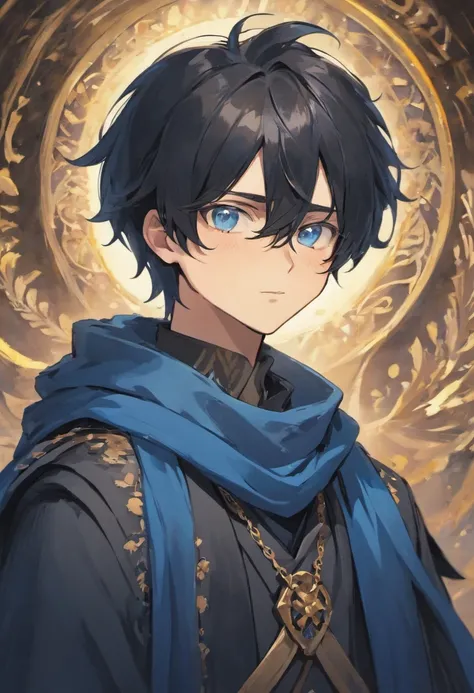 a medieval boy with wavy black hair, blue eyes, wearing glasses and a blue scarf, with a crow on his shoulder